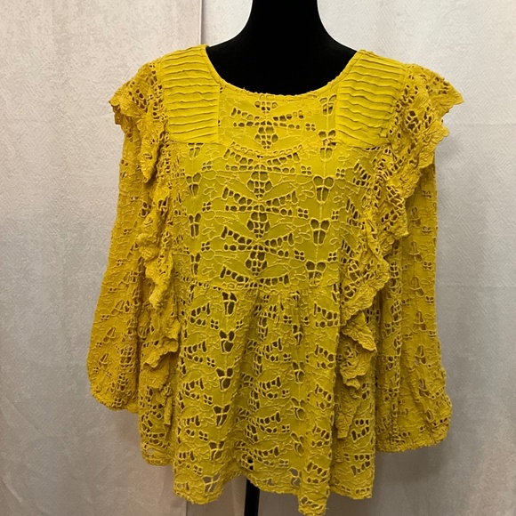 Anthropologie Yellow Lace Ruffle Blouse Women’s 14 Boho Chic Crochet Eyelet Top - Picture 1 of 12